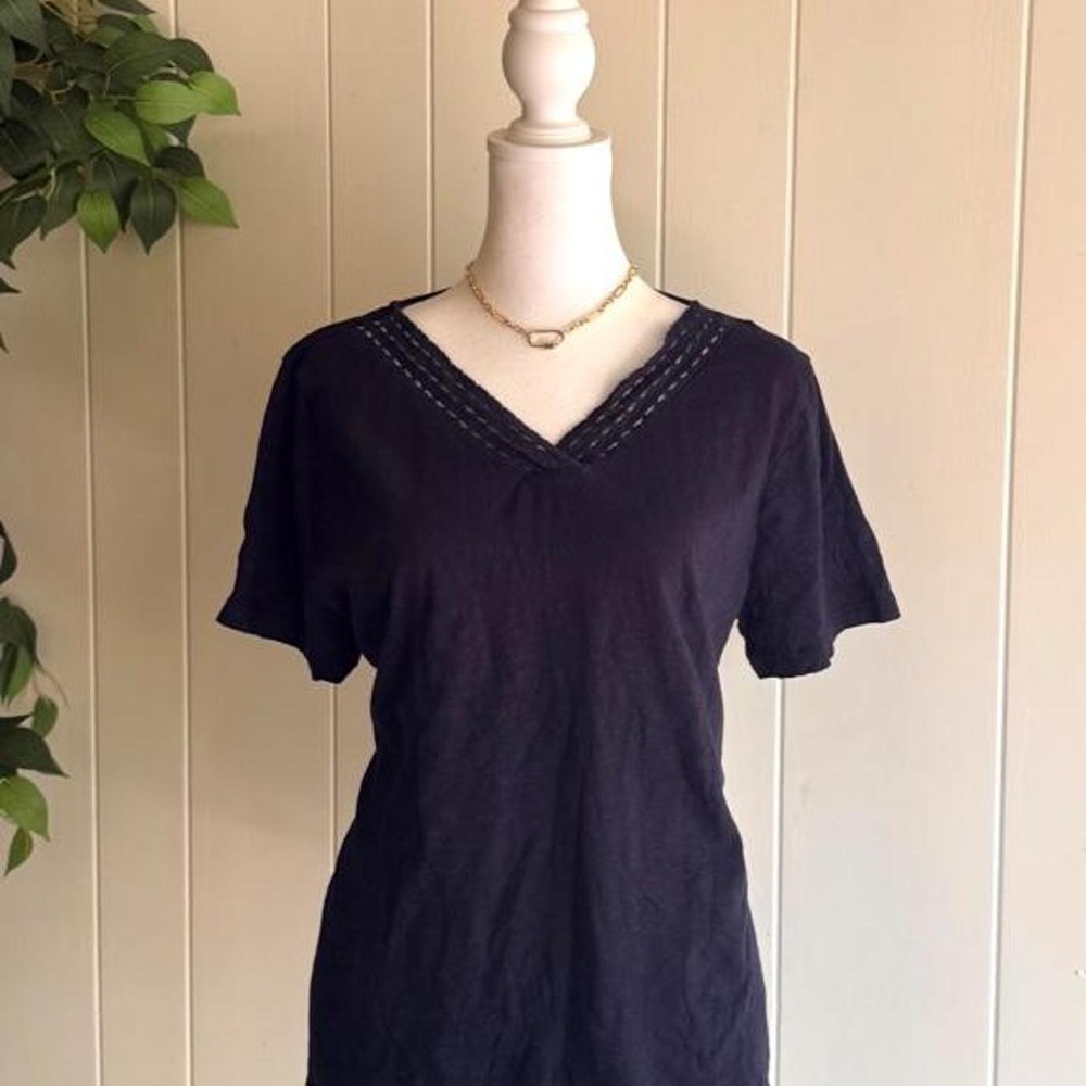 Talbots Navy Blue 100% Cotton Blouse  Lace Trim Neckline Women's Size Medium